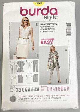 Burda Style 7075 Women's Coat Trousers Skirt Tank Top Super Easy Sz 10-24 UNCUT